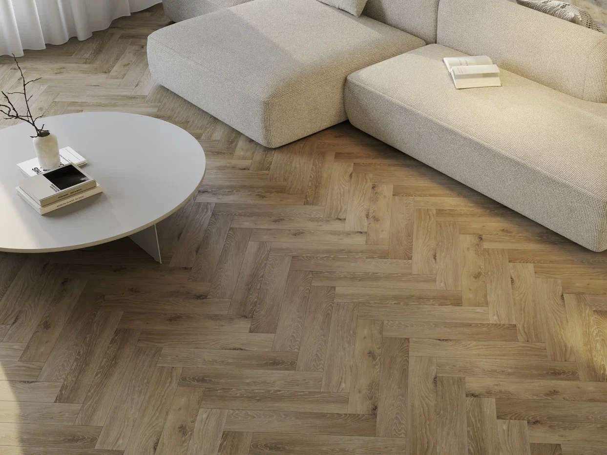 Кварцвиниловый SPC ламинат Home Expert Parquet Дуб Волшебный лес 33-2185-12 / 33-3008 венгерская елка 615×123×3,5 фото в интерьере
